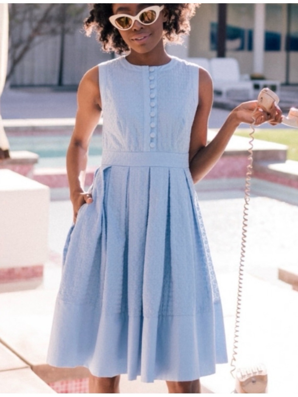 Gal Meets Glam Ellen Blue Sleeveless Pleated Dress - 100% Cotton - Size 6